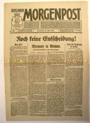 Tageszeitung "Berliner Morgenpost" über den Rücktritt der Regierung Scheidemann