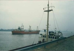 Hamburg. Hafen. Ein Küstenmotorschiff liegt am Kai. Im Hintergrund läuft ein Frachtschiff aus dem Hafen