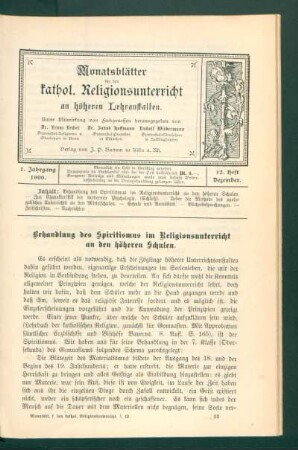 Behandlung des Spiritismus im Religionsunterricht an den höheren Schulen