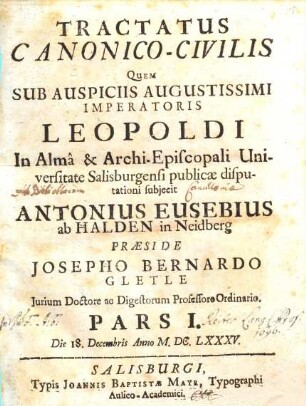 Tractatus Canonico-Civilis, Pars I.