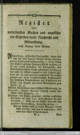 Register derer vornehmsten Sachen und angeführten Schriften dieser Nachricht und Abhandlung, nach Anzeige derer Seiten