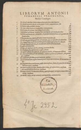 Librorum Antonii Fumanelli Veronensis, Medici Catalogus.