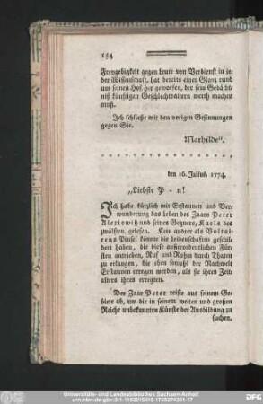 den 16. Julius, 1774. Liebste P-n!