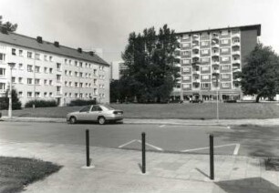 Dresden-Altstadt. Wohnbebauung, Dore-Hoyer-Straße/Lindengasse. Blick über die Mary-Wigman-Straße