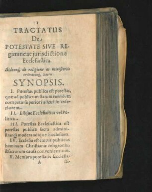 I Tractatus De Potestate sive Regimine ac iurisdictione Ecclesiastica.