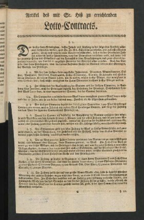Artikel des mit Sr. Hiß zu errichtenden Lotto-Contracts.