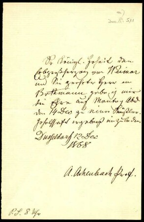 5-10-1-1.0000: Achenbach, Andreas, Maler, Professor a. d. Kunstakademie; diverse Schreiben ff.: Einladung zu einer Künstlergesellschaft (5.1891)