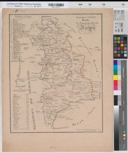 Aachen (Reg.Bez.) Übersichtsplan mit Zahl der Einwohner der größeren Städte um 1820 o.M. 53 x 40,5 Lithographie Baumhauer und Jansen, Aachen Regierung Arnsberg