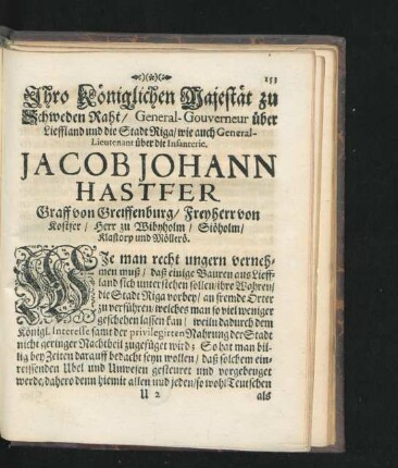 Ihro Königlichen Majestät zu Schweden Rath ... Jacob Johann Hastfer ...