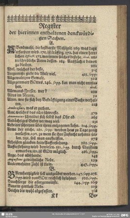 Register der hierinnen enthaltenen denckwürdigen Sachen