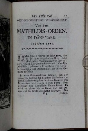 Von dem Mathildis-Orden. In Dänemark. Gestiftet 1770.