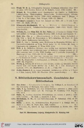 9. Bibliothekswissenschaft. Geschichte der Bibliotheken (Nr. 1253 - 1322)