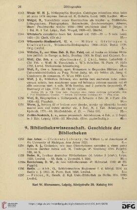 9. Bibliothekswissenschaft. Geschichte der Bibliotheken (Nr. 1253 - 1322)