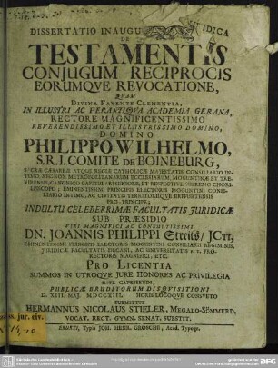 Dissertatio Inauguralis Iuridica De Testamentis Conjugum Reciprocis Eorumque Revocatione