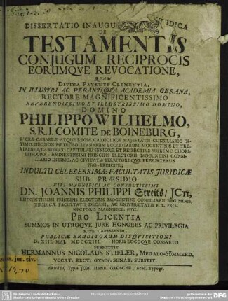 Dissertatio Inauguralis Iuridica De Testamentis Conjugum Reciprocis Eorumque Revocatione