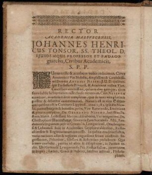 Rector Academiæ Marpurgensis, Johannes Henricus Tonsor [...]
