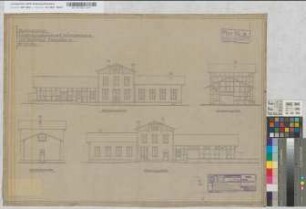 Empfangsgebäude mit Güterschuppen auf Bahnhof Eversberg: Ansichten, M. 1:100 Stnr.: 54, Hge, Bunr.: 26, Blnr.: 3