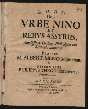 De Urbe Nino Et Rebus Assyriis, : Amplissimo Ordine Philosophorum benevole annuente,