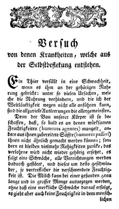 Versuch von denen Krankheiten, welche aus der Selbstbeflekung entstehen