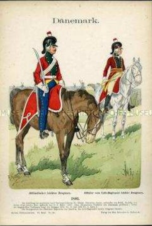 Uniformdarstellung, Gemeiner und Offizier verschiedener Leichter Dragoner-Regimenter, Königreich Dänemark, 1801.