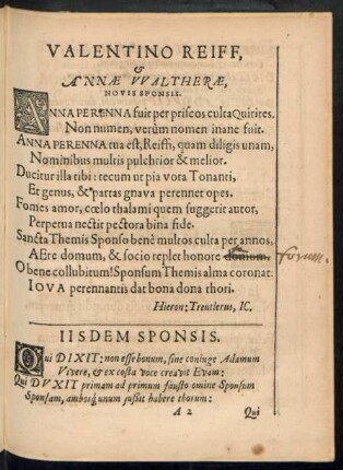Valentino Reiff, et Annae Waltherae, Novis Sponsis.