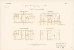Zellengefängnis, Düsseldorf Torgebäude zum Frauengefängnis: Grundriss KG, EG, DG, Längenschnitt 1:100