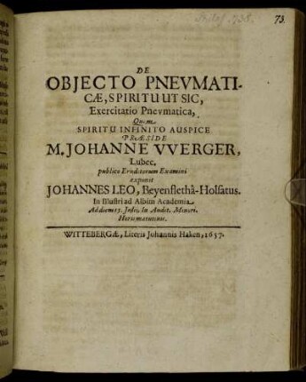De Obiecto Pneumaticae, Spiritu Ut Sic, Exercitatio Pneumatica