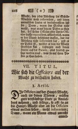 218-228, VII. Titul. Wie sich die Officiers auf der Wacht zu verhalten haben. - VIII. Titul. Wie die Parole ausgegeben werden soll.