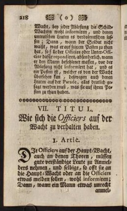 218-228, VII. Titul. Wie sich die Officiers auf der Wacht zu verhalten haben. - VIII. Titul. Wie die Parole ausgegeben werden soll.