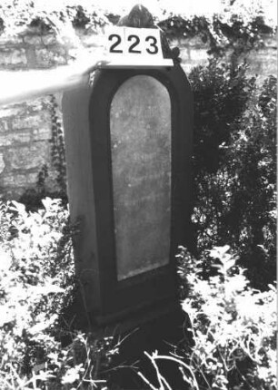 Grabstein 223 (Index: 100082162) Material: Sandstein, weiße Marmorplatte Zustand: leicht verwittert Maße HxBxT: 135x45x25 cm Beschreibung: Stele, profiliert. Sockel, Rundbogenabschl. m. Mittelakroter, Schriftplatte Symbolik: Ranken: Grabstein 223