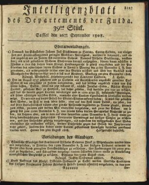 39tes Stück. Cassel den 26ten September 1808