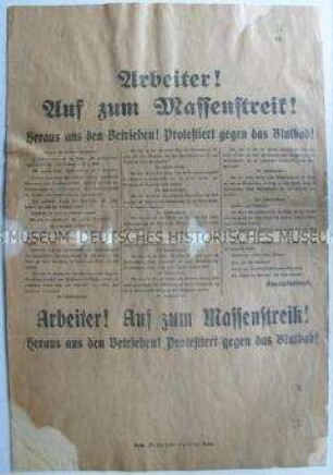 Sonderdruck (Maueranschlag) mit einem Aufruf des Spartaskus-Bundes zum Massenstreik