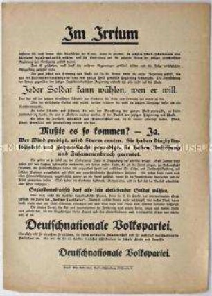 Gegen die SPD gerichteter Aufruf der Deutschnationalen Volkspartei an die Soldaten zur Wahl der Nationalversammlung 1919