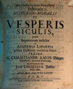Dissertatio Historico-Moralis De Vesperis Siculis