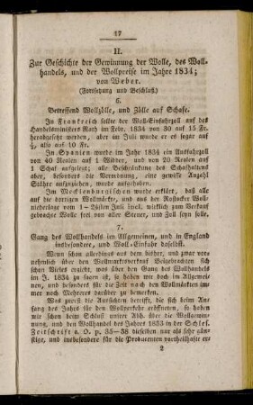 II. Zur Geschichte der Gewinnung der Wolle, des Wollhandels, und der Wollpreise im Jahre 1834