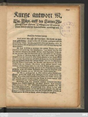 Kurtze antwort M.|| Fla.Jllyr. auff des Laruen Bi=||schoffs von Sydon Holhiplerey/ Damit er || seinen Antichristischẽ Catechismum vertedingẽ wil.|| ... ||