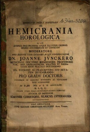 Dissertatio Medica Inavgvralis De Hemicrania Horologica