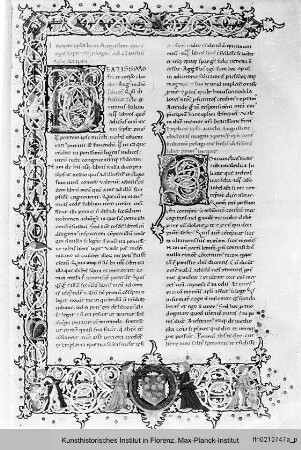 Buchseite mit Randbordüre, eingeschlossenem Mediciwappen, Text und Initialen B und C - Augustinus: Opera varia