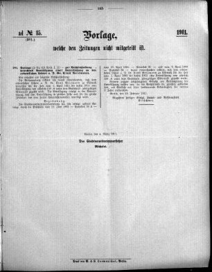 Anlage: ad No.15 (281.), Vorlagen, welche den Zeitungen nicht mitgeteilt sind