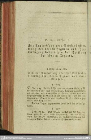 Dritter Abschnitt. Die Ausmessung oder Größenbestimmung der ebenen Figuren und ihrer Grenzen; desgleichen die Theilung der ebenen Figuren