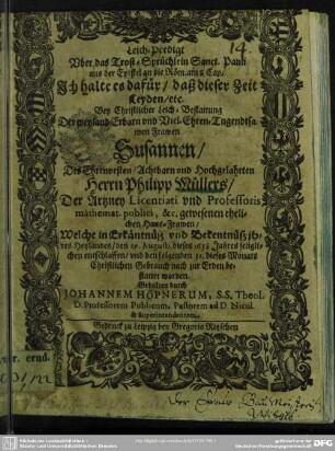 Leich-Predigt ... bey christlicher Leich-Bestattung der ... Frawen Susannen, des ... Philipp Müllers ... gewesenen Haus-Frawen