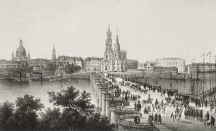 Dresden von Neustadt aus : Dresden von Neustadt aus. Lithografie, koloriert, um 1835