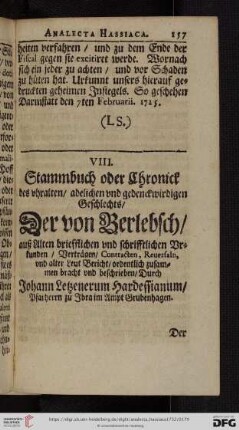 VIII. Stammbuch oder Chronick des vhralten / adelichen vnd gedenckwirdigen Geschlechts / der von Berlebsch [...]