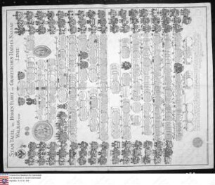 Ahnenprobe des Haus Nassau, Walramsche Linie entworfen v. Johann Georg Hagelgans 1753 (Druck). - ausgefertigt 1772 September 8, Papier, beginnend 1209 bis um 1750