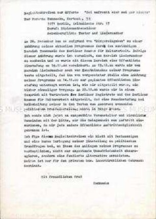 Bewerbungsschreiben des Liedermachers Hartmut Hannaske um Auftrittsmöglichkeiten in Kirchen in der DDR - Sachkonvolut