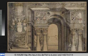 Die Ehrenpforte für Kaiser Maximilian I., Säulenfuß des rechten inneren Freisäulenpaares (Dürer), rechtes Seitenportal, obere Einfassung (Springinklee od. Traut)