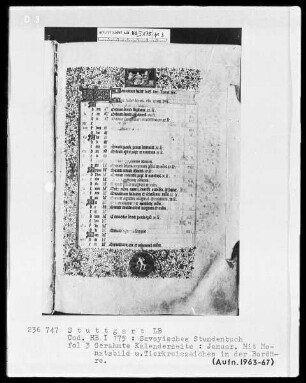 Liber horarum — Liturgisches Franziskanerkalendar, Folio 3recto-8verso — Buchseite Januar mit Monatsbild und Tierkreiszeichen in der Bordüre, Folio 3recto