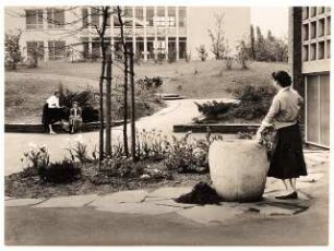 Grünflächen an der Liebfrauenschule, Köln: Schulgebäude mit Garten, Trinkbrunnen