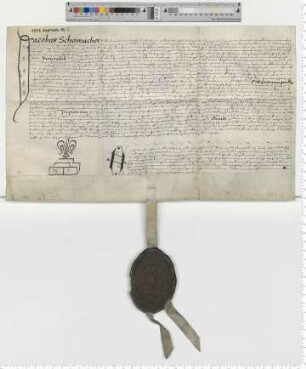 Propst Jacobus Schomacher transsumiert ein Präsentation für eine Vikarie am Mariani Altar zu St. Johannis und nimmt die entsprechende Investitur vor. Notar Nicolaus Steman [lat].
