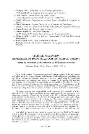 173-174, Clubs de prévention. Experience de socio-pédagogie en milieux urbains, par Centre de formation et de recherche de l'Education surveillée